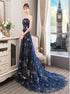 Navy Blue A Line Strapless Sleeveless Prom Dresses LBQ1541